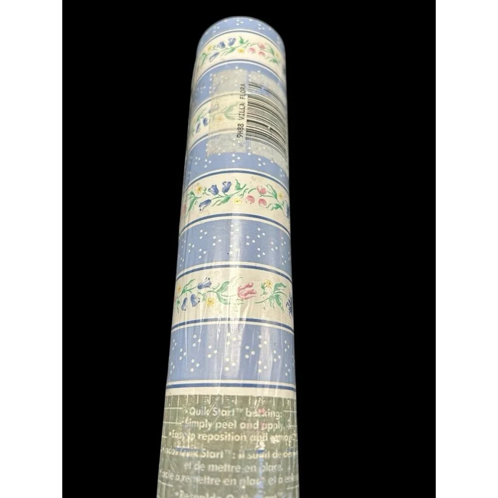 Vintage 1980s Rubbermaid Contact Paper Blue Striped Floral 2 Rolls 36 sf ea